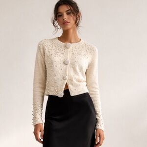 Vintage Allison Blair silk, angora & lambswool blend cream pearl cardigan. M